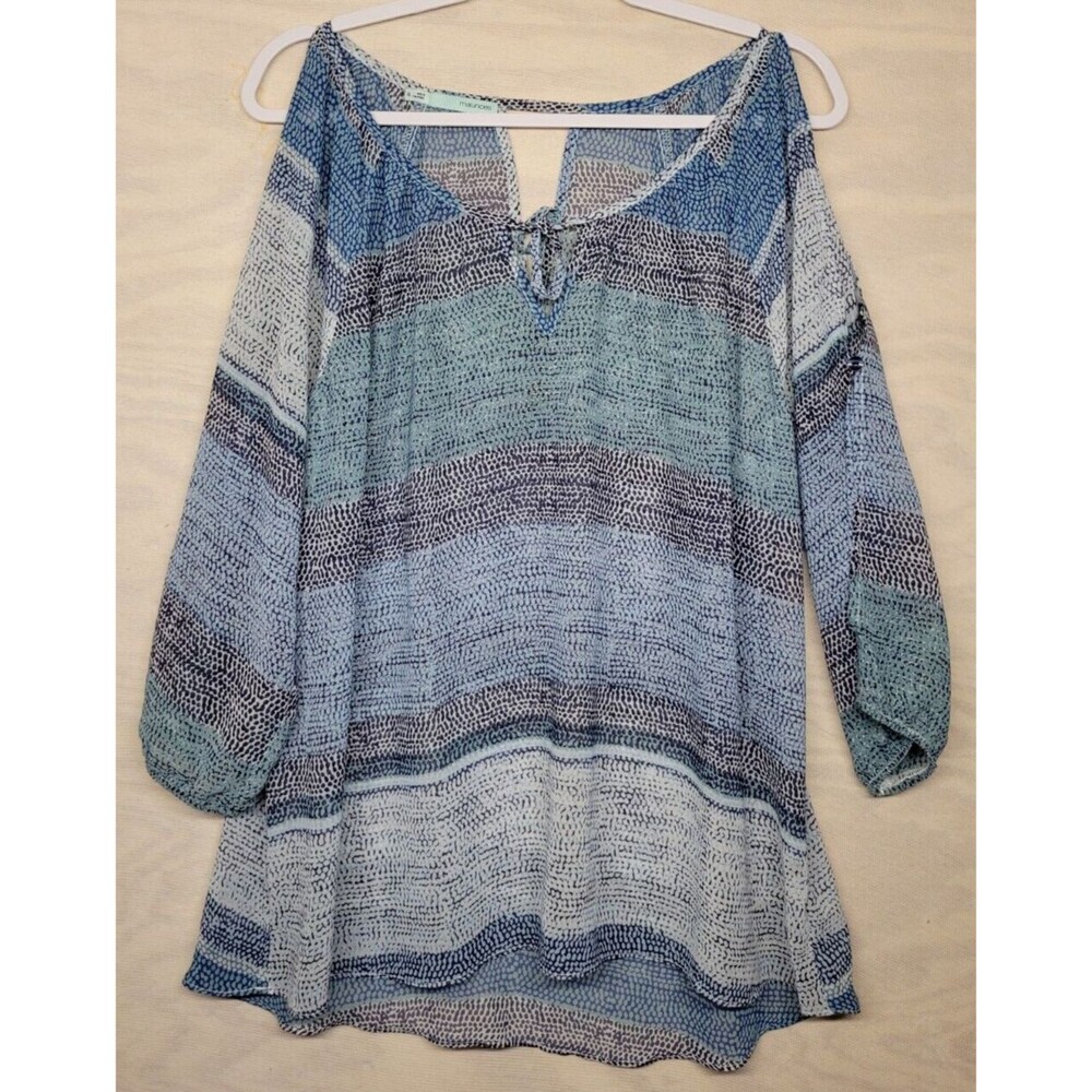 Maurices Womens SZ XL Sheer Blouse 3/4 Sleeve Cold Shoulder Blue Chambray Stripe